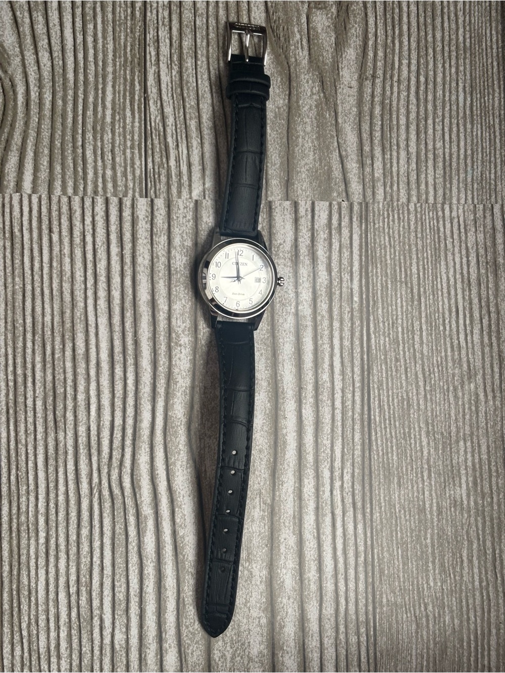 Eco-Drive Citizen Silver Case Watch with Black Leather Strap